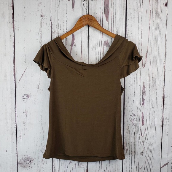 Espresso Blouse Womens Size Large Waterfall Short Sleeve Stretch Brown - Picture 4 of 6